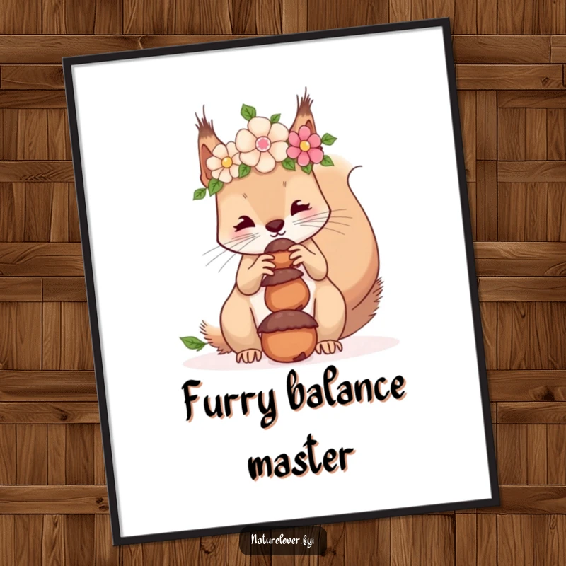 Funny digital art print of a squirrel wearing a flower crown and balancing acorns on its nose, exuding charm.