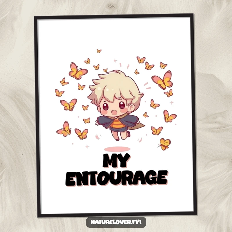 Funny digital art print of a character being playfully chased by a swarm of tiny, smiling butterflies, ready to add whimsy.