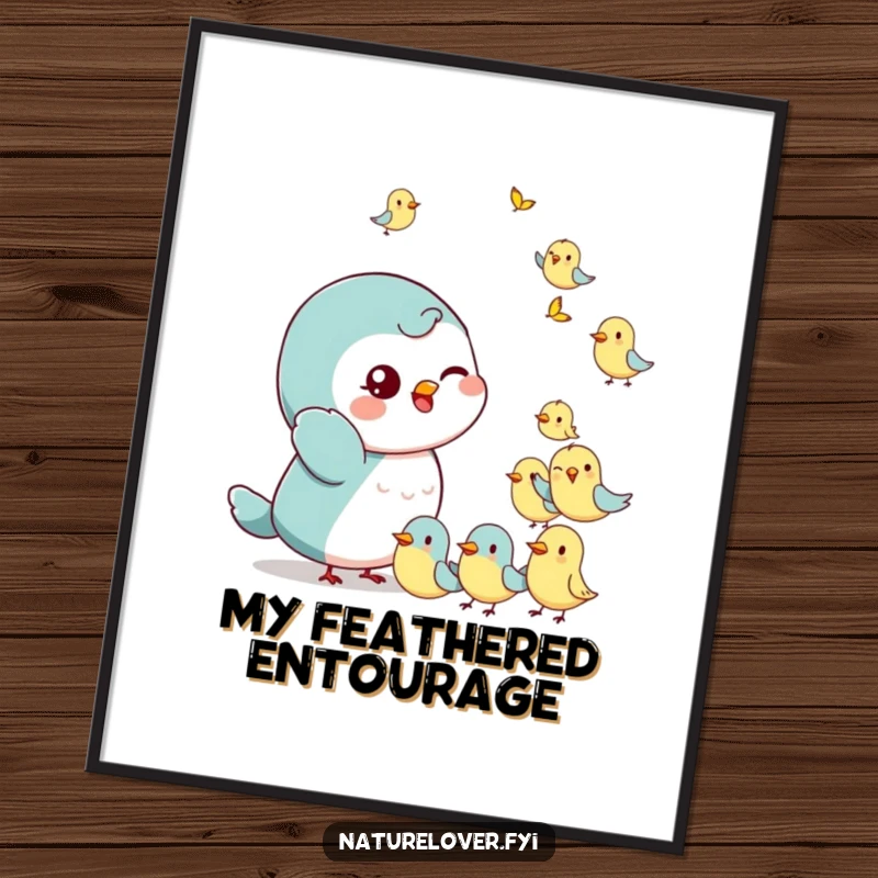 Funny Digital Art Print: A small character with a playful wink waves at a flock of tiny, cheerful birds, ideal for friendly decor.