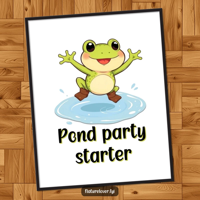 Funny frog digital art print of a delighted frog in small boots, jumping in a massive puddle, for instant humorous decor.