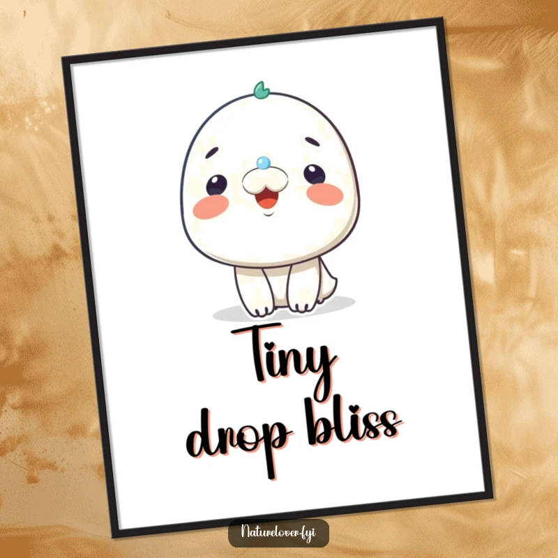 Funny digital art print of a character smiling happily as a small raindrop lands on its nose, evoking pure delight.