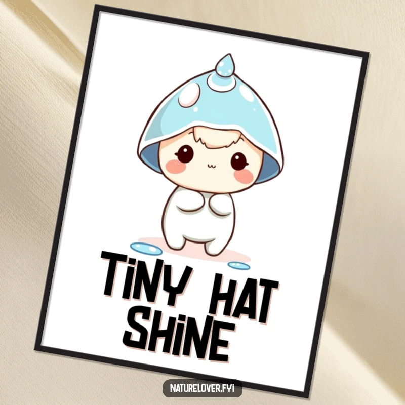 Funny dewdrop hat digital art print of a tiny character comically attempting to wear a dewdrop as a hat, for instant humor.