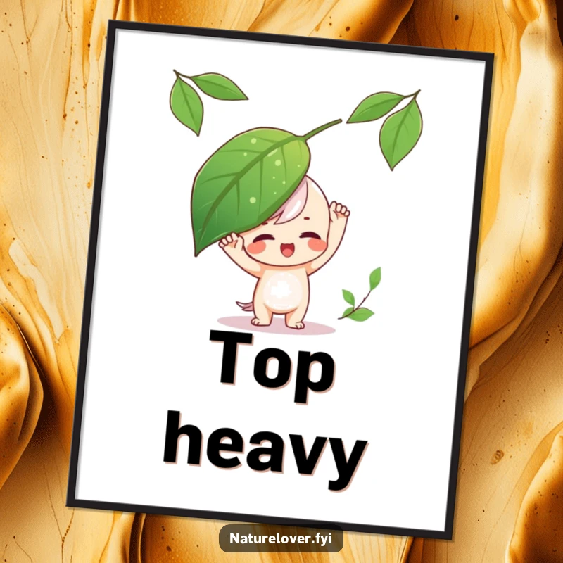 Funny Digital Art Print of a playful character balancing a large leaf on its head, great for instant decor.