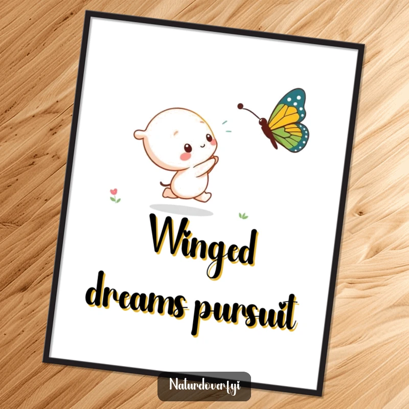 Funny kawaii character joyfully pursuing a comically large butterfly, captured in high-resolution digital art.