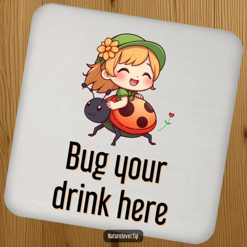 Funny drink coaster with a nature lover character giggling while riding on a friendly ladybug, adding natural charm.