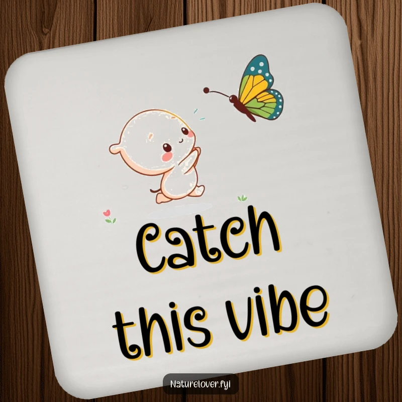 Funny kawaii character playfully chasing a giant butterfly, adding humor and protection to surfaces with these coasters.