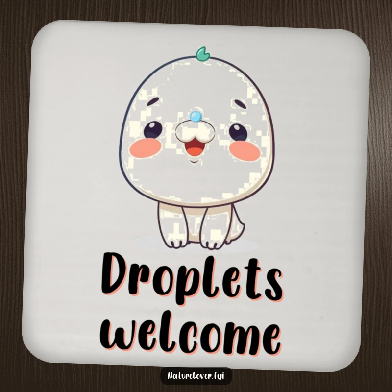 Funny coaster featuring a smiling character delightedly receiving a tiny raindrop on its nose, adding cheerful art.