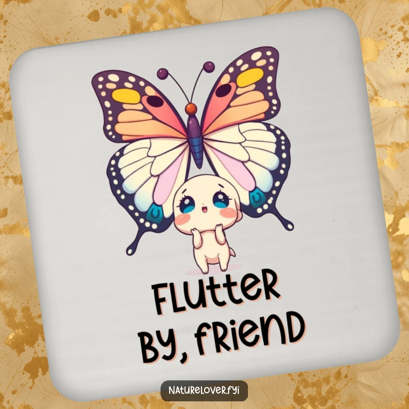 Funny coaster: cute character astonished by a colossal butterfly. Protects surfaces with humor.