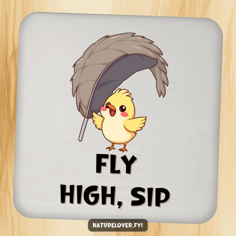 Funny bird coaster illustrating a gleeful bird trying to build a nest from a single, huge feather, adding humor to protection.