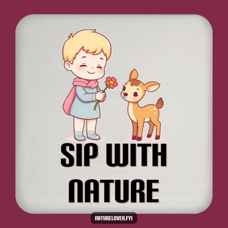 Funny Coaster: Cheerful Figure Gives Flower to Tiny Deer Guest