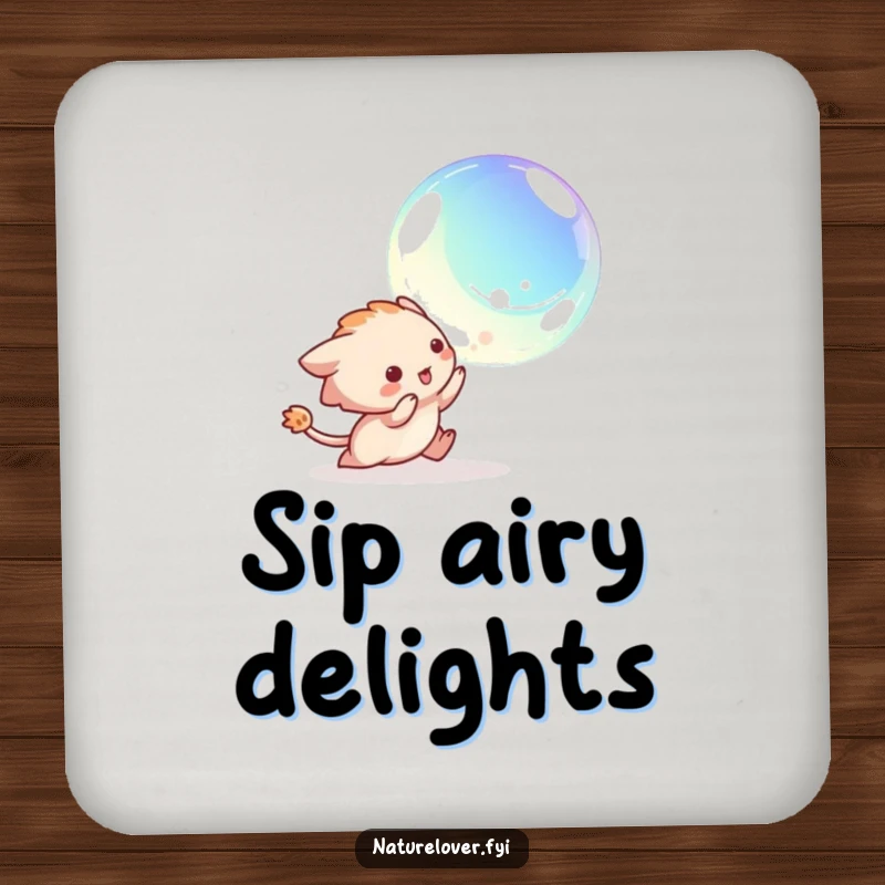 Funny coasters with a creature playfully chasing a shiny iridescent bubble, adding a touch of whimsical fun.