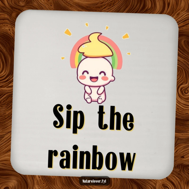 Funny coasters with a tiny character's huge smile admiring a vibrant rainbow, adding colorful cheer to any tabletop.