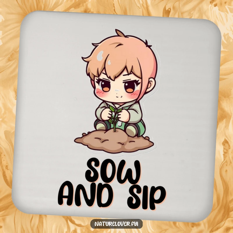 Funny coaster: cute character plants a seed carefully. Protects surfaces with a humorous touch.