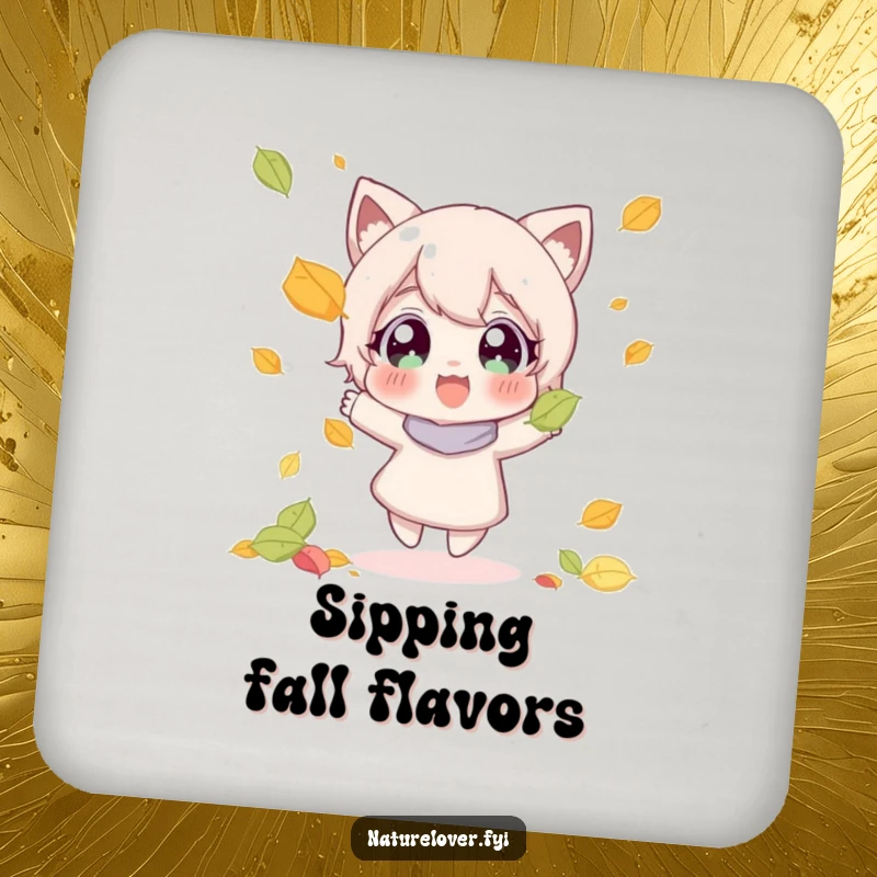 Funny coasters featuring a character joyfully catching a falling leaf, perfect for autumn-themed decor.
