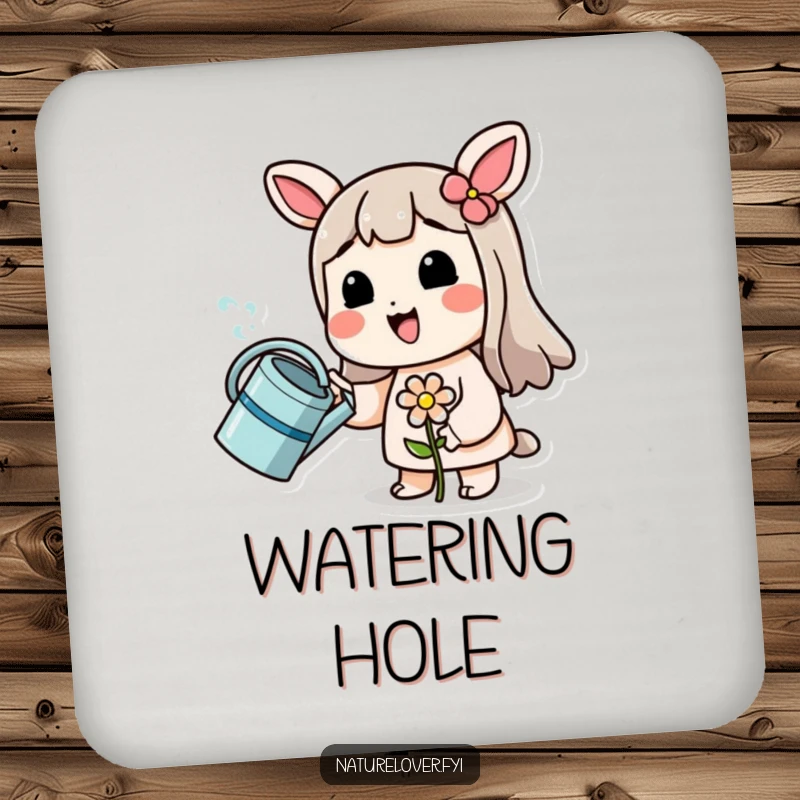 Funny drink coaster showing a smiling character watering a tiny, wilting flower, offering funny protection with a smile.