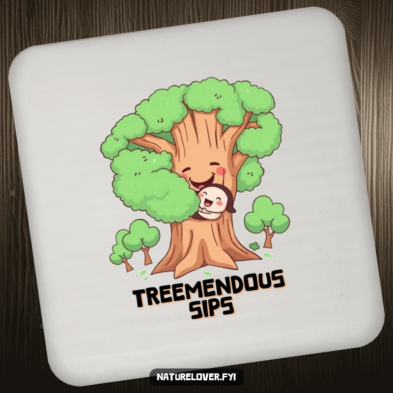 Funny Hugging Tree Drink Coasters, set of coasters with a cute character joyfully hugging a large, smiling tree, for protecting surfaces.