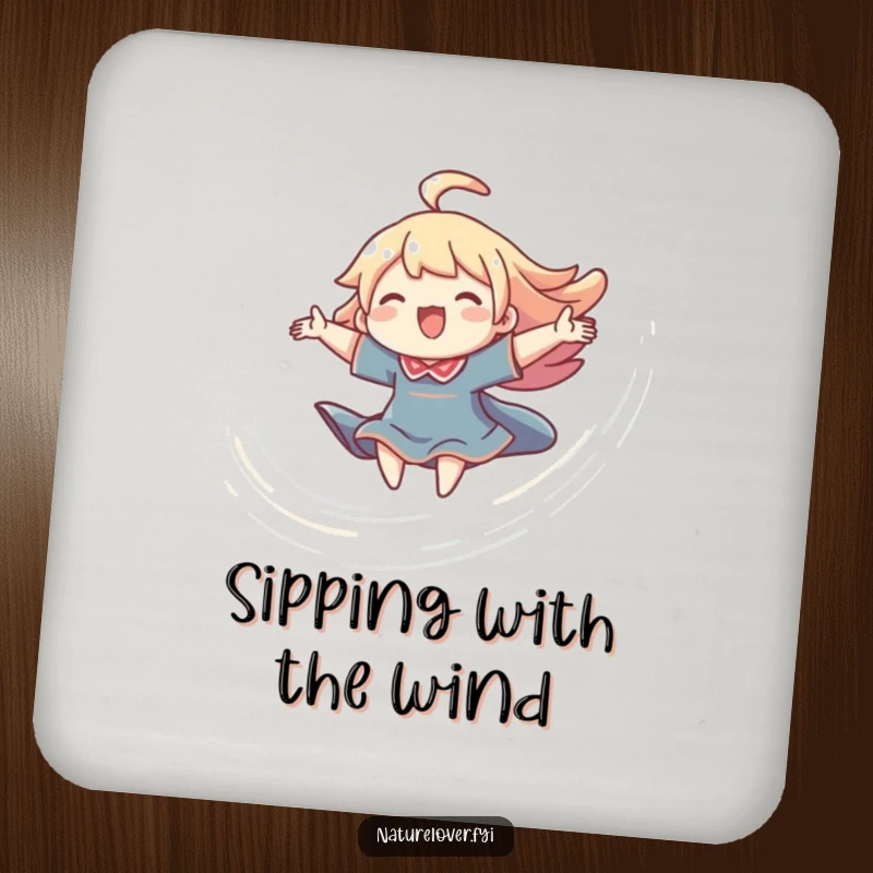Funny joyful breeze drink coaster with a character riding a swirling breeze, offering humorous protection and happiness.