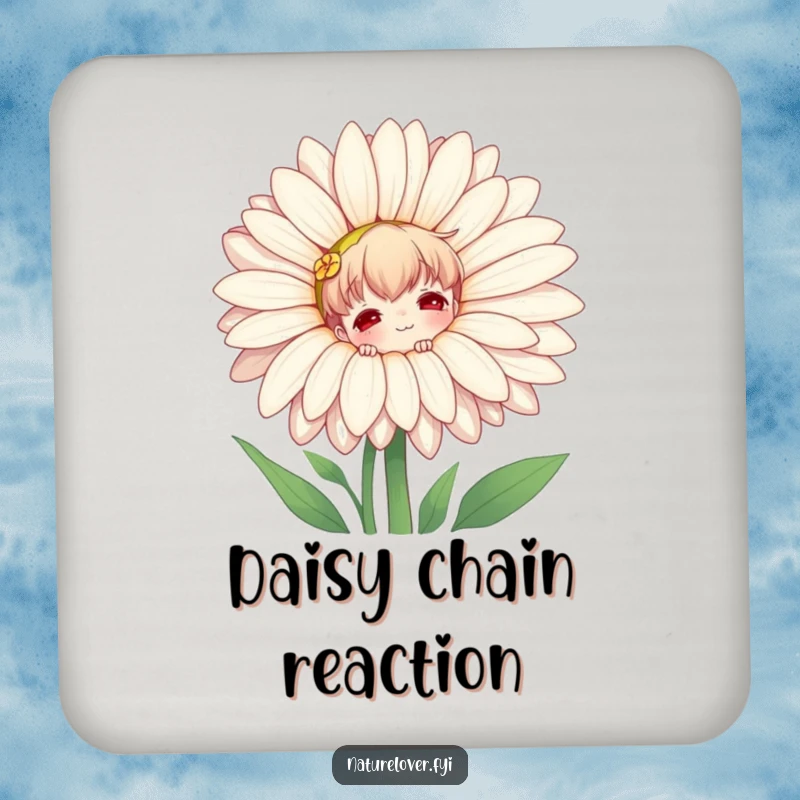 Funny drink coaster with a nature lover character playfully peeking from behind a giant daisy, adding a touch of garden humor.