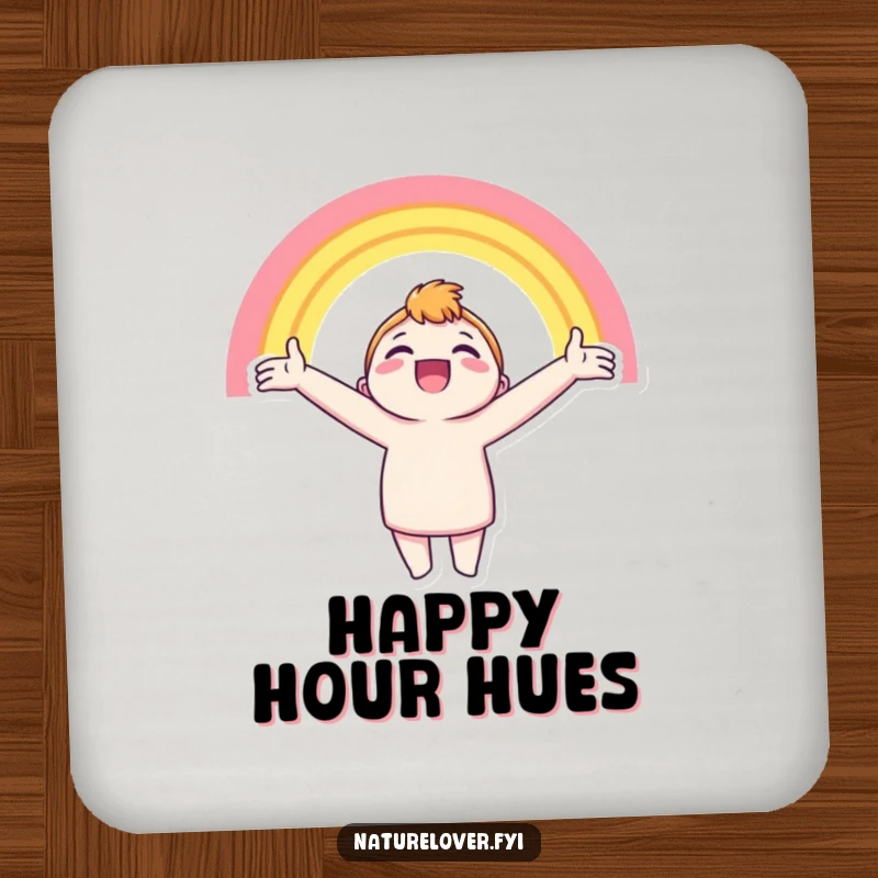 Funny drink coaster depicting a character with arms outstretched, beaming at a bright rainbow, adding optimistic flair.