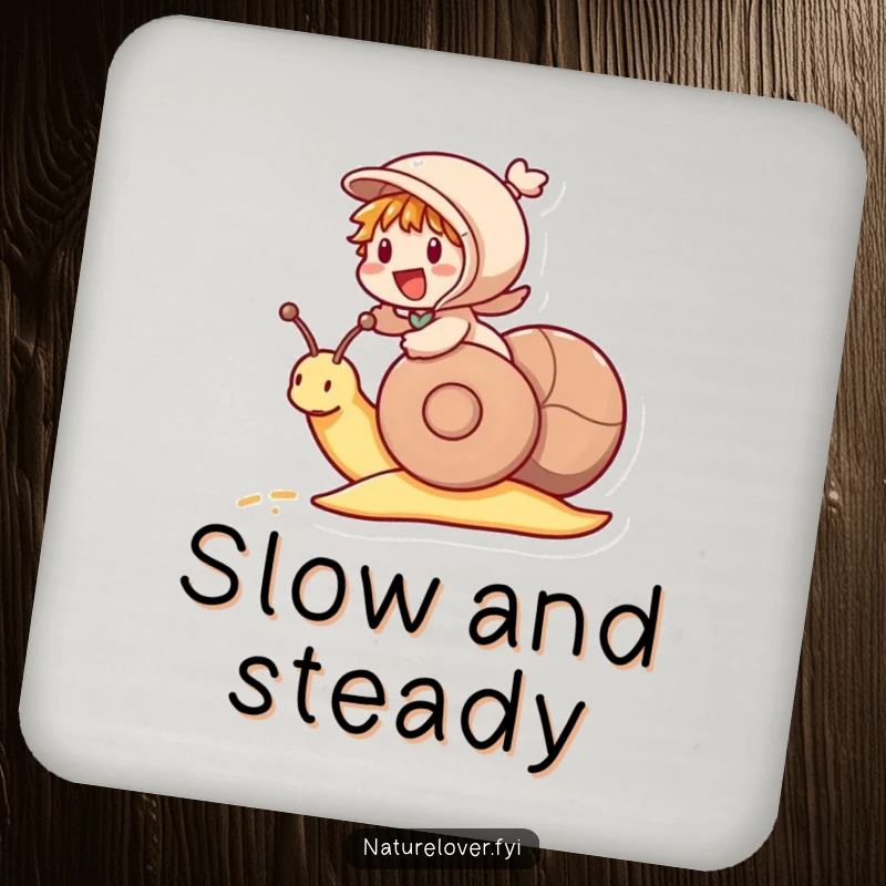 Funny drink coaster showing a little character excitedly riding a snail like a racehorse, a humorous piece of decor.