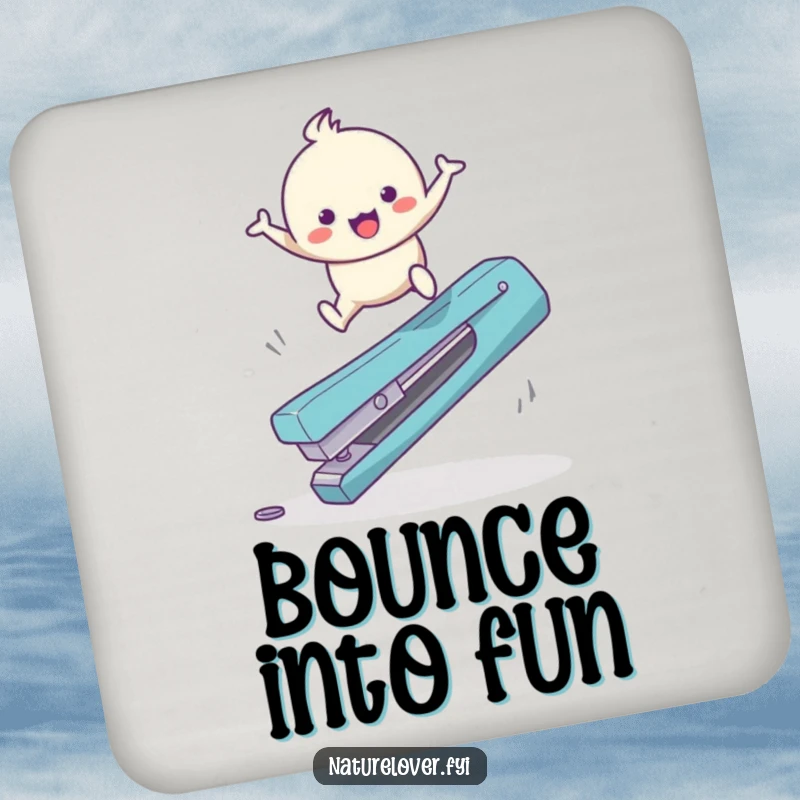 Funny Drink Coaster: Cute character happily bounces over a giant fallen twig, protecting surfaces with cheer.