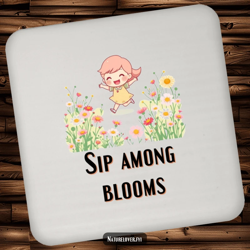Funny Coaster: Cheerful character skipping through wildflowers, protecting surfaces with a touch of humor and vibrant beauty.