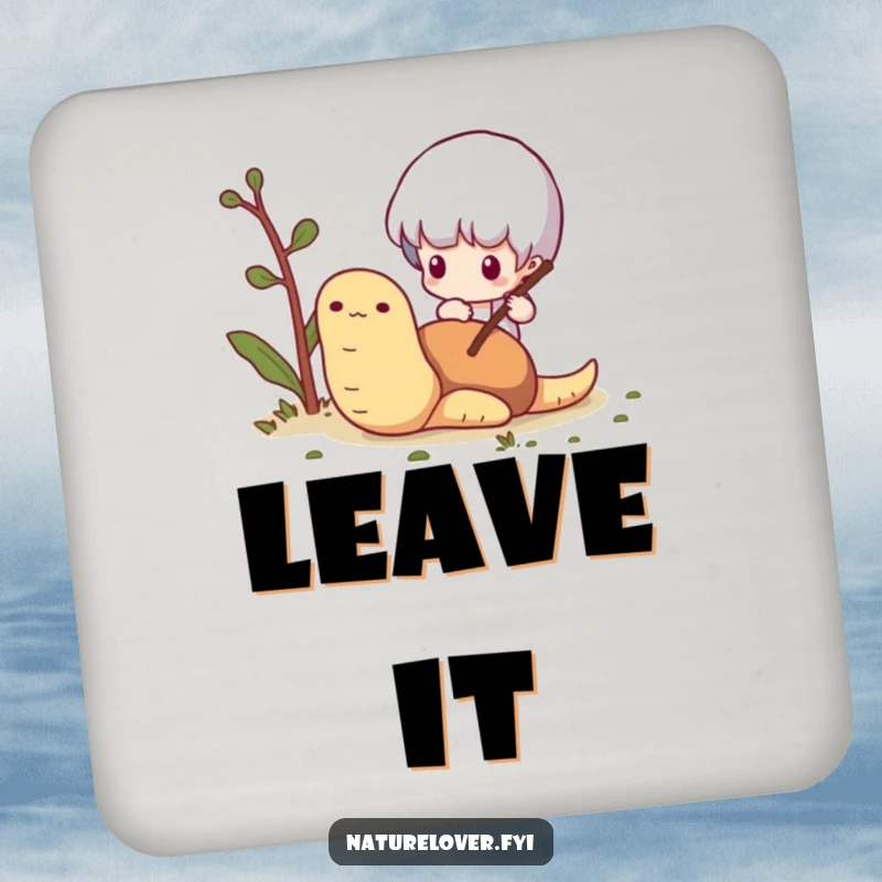 Funny Worm Surface Saver Coaster: A tiny character pokes a worm with a twig, a humorous and functional drink accessory.