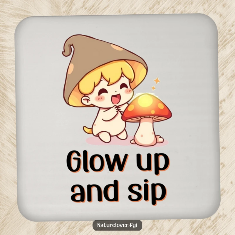 Funny Drink Coaster: Small character gasping with delight finds a secret, glowing mushroom, protecting surfaces with magic.