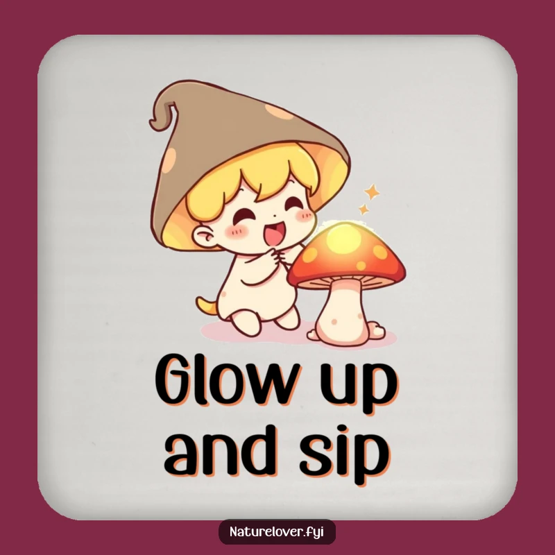 Funny Mushroom Discoverer Coaster: Delighted Character's Glowing Secret Surprise Drink Protector