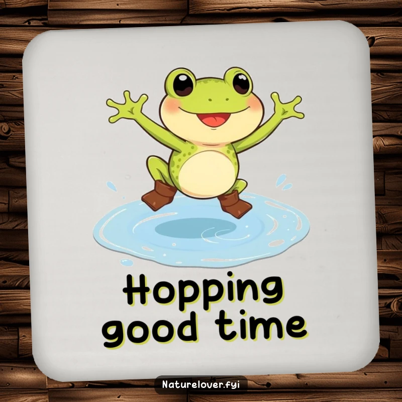 Funny frog coaster illustrating a delighted frog in tiny boots, jumping in a colossal puddle, adding humor to protection.
