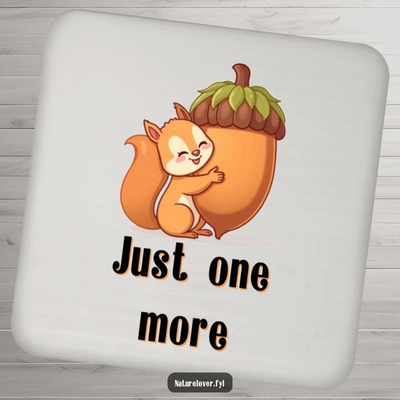 Funny squirrel coaster illustrating a cheerful squirrel attempting to hug a huge acorn, adding humor to drink protection.
