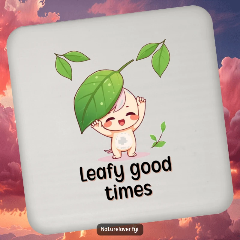 Funny Drink Coaster featuring a playful character balancing a large leaf on its head, adding table charm.