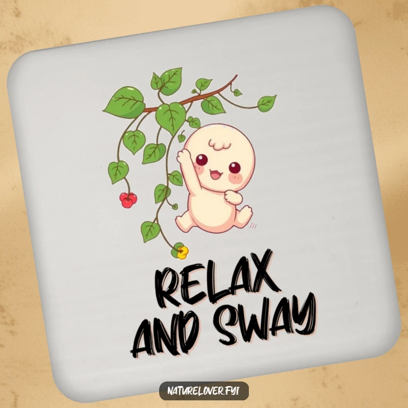 Funny drink coaster showing a kawaii character playfully dangling from a vine, a humorous and cute piece of decor.