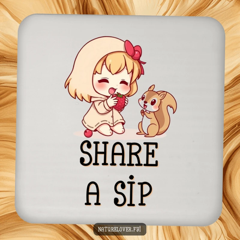 Funny drink coaster with a character sharing a berry with a squirrel, adding a sweet and humorous touch to table settings.