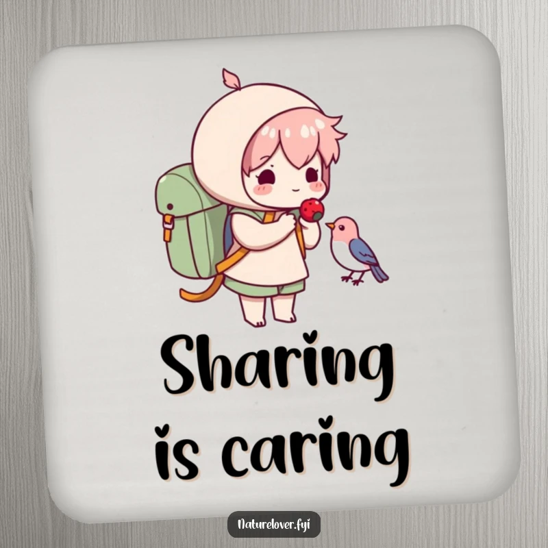 Funny drink coaster showing a cute character offering a berry to a small bird, offering funny protection with a sweet gesture.