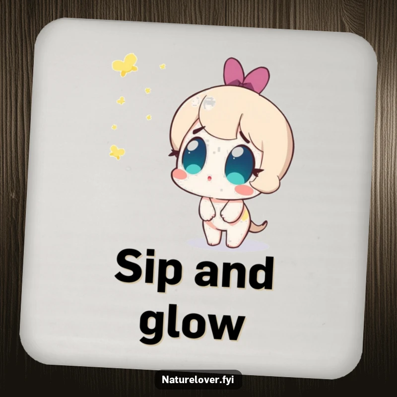 Funny drink coaster featuring a cute character amazedly watching fireflies appear, protecting surfaces with humorous charm.