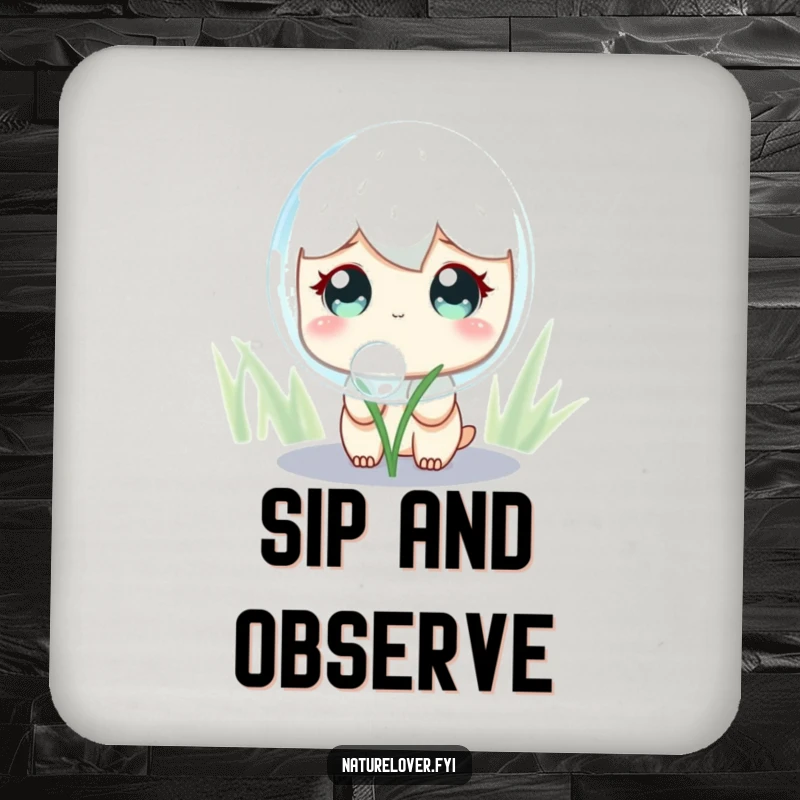 Funny Drink Coaster: A cute character with wide, curious eyes looks at a massive, shimmering dewdrop, protecting surfaces with charm.