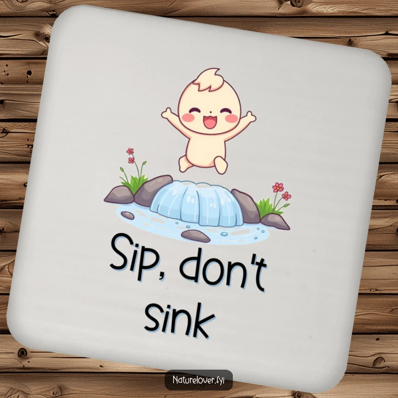 Funny coaster featuring a happy character joyfully leaping over a small stream, adding energetic art.