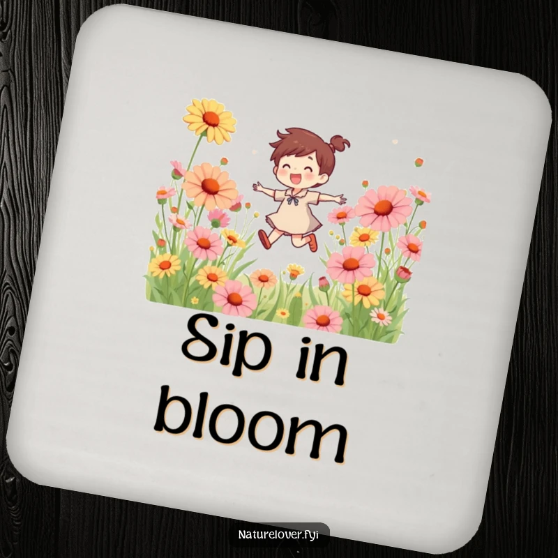 Funny coaster featuring a happy character skipping through a field of oversized wildflowers, adding a touch of playful art.