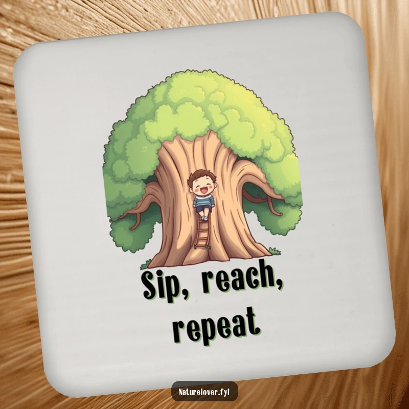 Funny smiling figure climbing a large, gentle tree, adding humor and protection with these decorative coasters.