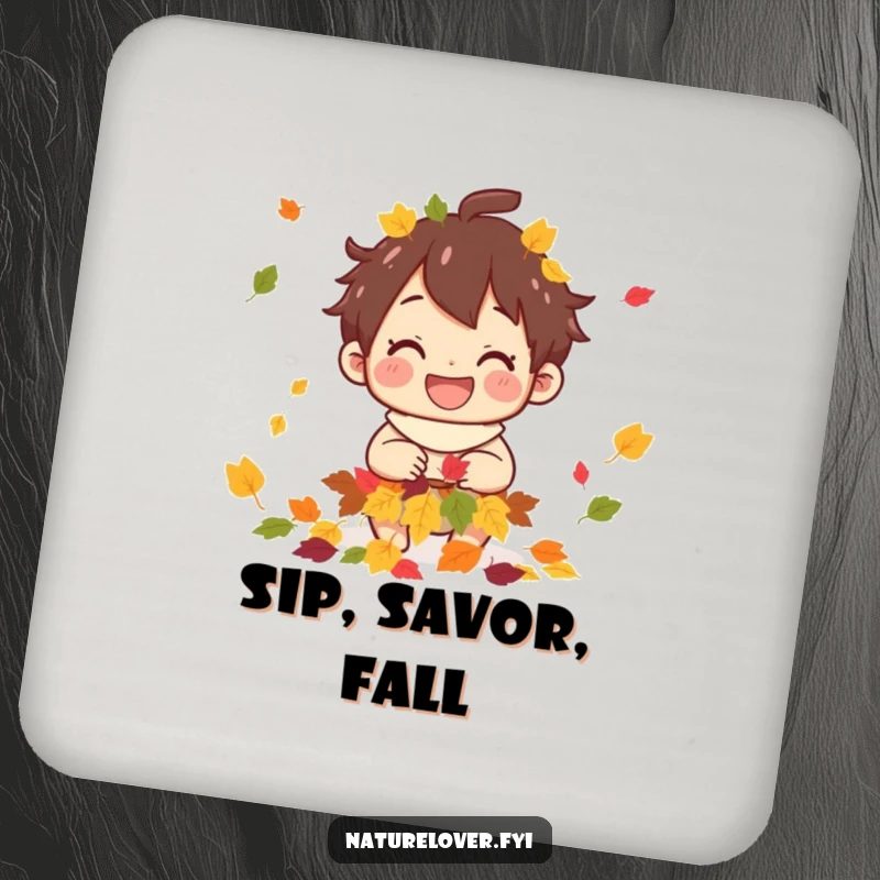 Funny coaster showcasing a happy character collecting vibrant autumn leaves, adding seasonal charm.