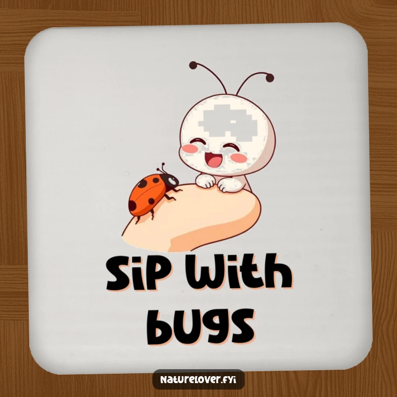 Funny drink coaster featuring a small character laughing as a ladybug crawls on its finger, protecting surfaces with humorous charm.
