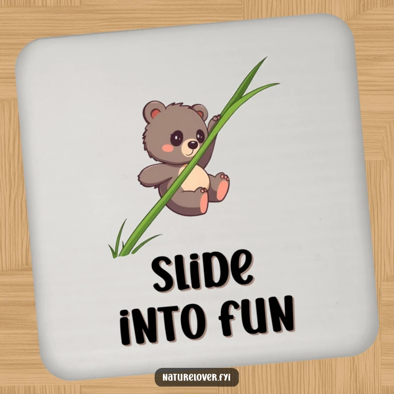 Funny bear cub coaster illustrating a clumsy cub sliding down a single, huge blade of grass, adding humor to protection.