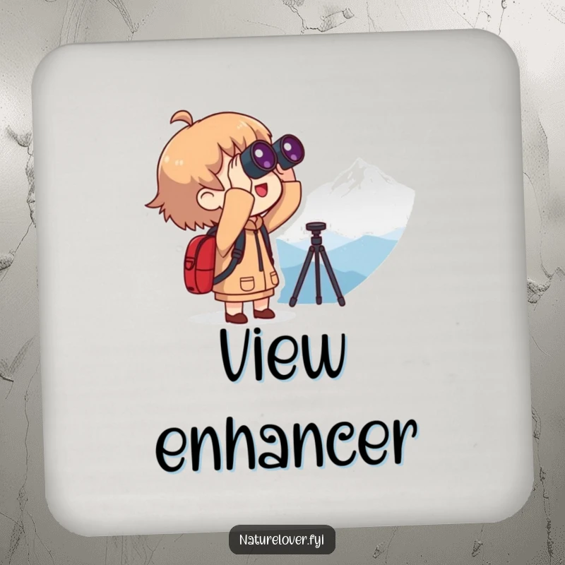 Funny drink coaster showing a character with binoculars looking at a distant mountain, offering funny protection and a sense of adventure.