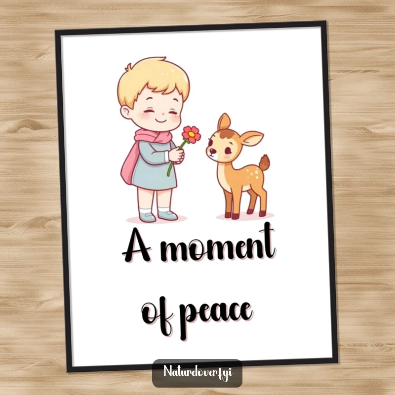 Funny poster print of a cheerful person offering a flower to a miniature deer, capturing a sweet and humorous nature scene.