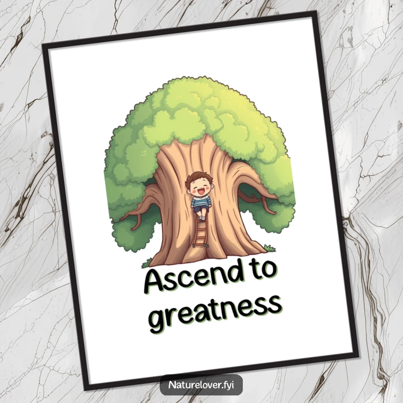 Funny smiling figure climbing a colossal, welcoming tree, creating an inspiring scene on this poster.