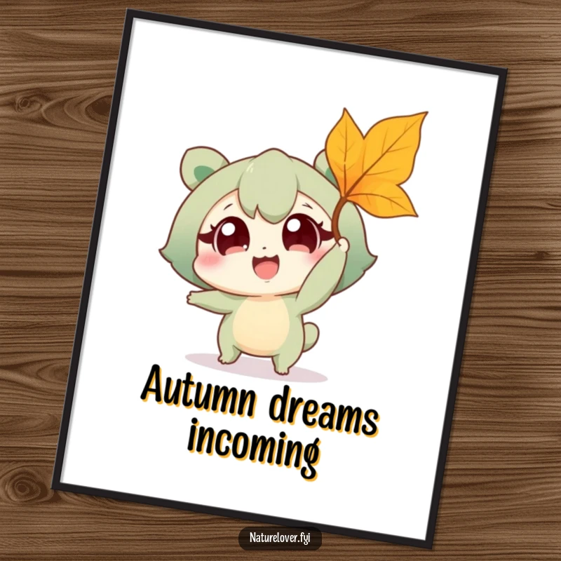 Funny poster featuring a wide-eyed nature lover character playfully reaching for a single falling leaf, celebrating the magic of autumn outdoors.