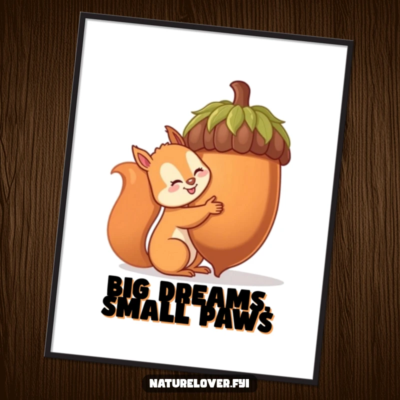 Funny squirrel poster showing a happy squirrel hugging a comically large acorn, adding humor and charm to any wall space.