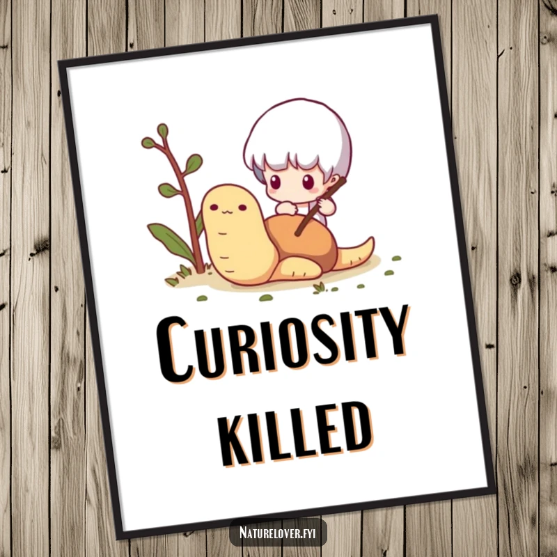 Funny Worm Curiosity Poster: A tiny character curiously pokes a worm with a twig, a heartwarming and funny illustration.
