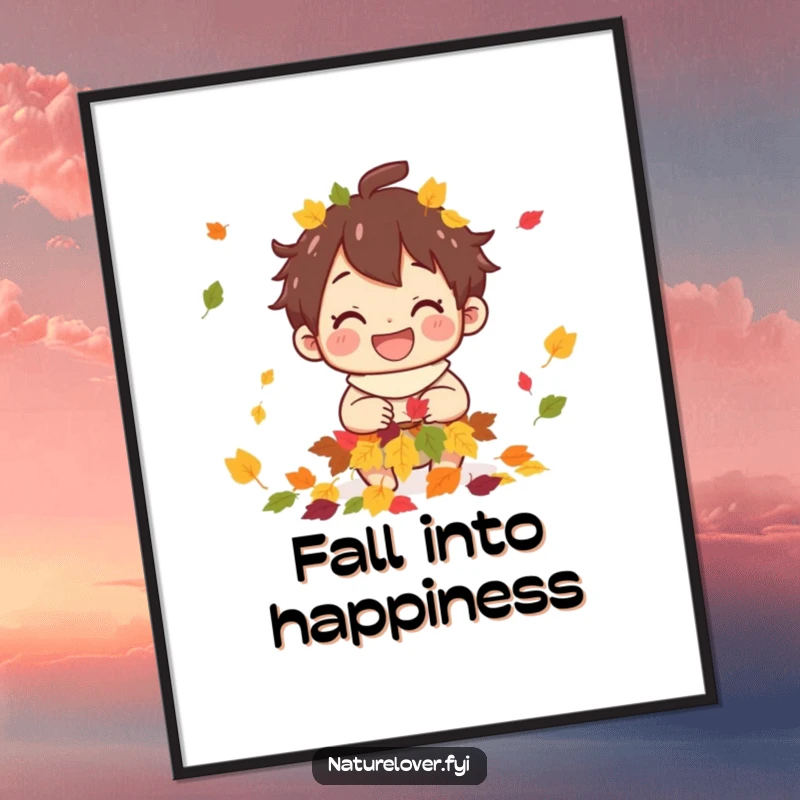 Funny poster artwork of a grinning character gathering a mound of colorful fall leaves, bringing vibrant autumn energy.